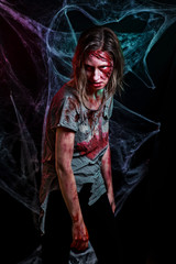 portrait of horrible zombie woman with wounds. Horror. Halloween poster.