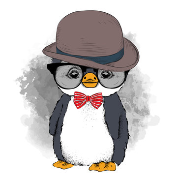 Image Portrait of cartoon penguin in a hat, cravat and glasses. Vector illustration.