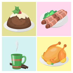 Traditional christmas food cards desserts holiday decoration xmas sweet celebration meal vector illustration.