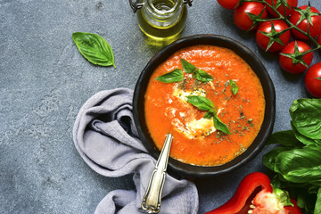 Cold tomato soup (gazpacho or salmorejo).Top view.