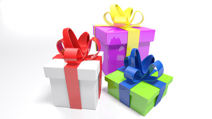Three gift boxes on white surface - 3D rendering