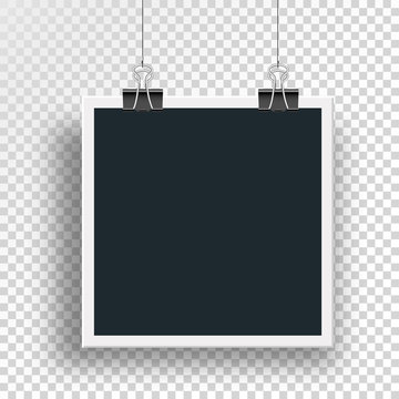 Vector photo frame clamped binders clips and weighs on a steel cable on the clip on an isolated background