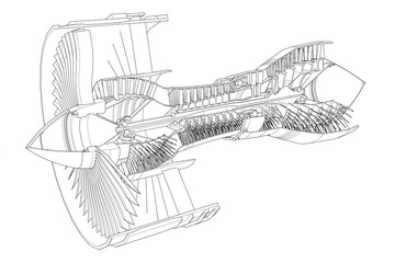 Turbo jet engine aircraft. Vector line illustration.