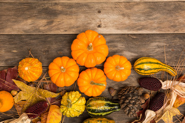 Fall background copy space pumpkin acorn wooden table