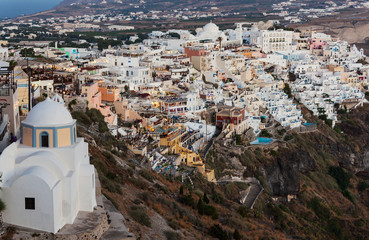 Thira, Santorini Island, Greece - July 19, 2012:  Illuminated Luxury balcony decks and patios with...