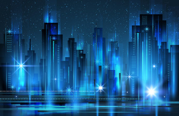 Illuminated night city skyline , vector illustration