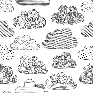 Beautiful black and white seamless pattern of doodle clouds. design background greeting cards and invitations to the wedding, birthday, mother s day and other seasonal autumn holidays.