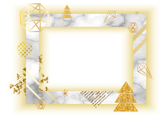 Frame minimalistic template in trendy scandinavian geometric style with frame,  marble gold texture, christmas tree silhouette, border, metal foil and glitter, holiday vector  invitation - 178014615