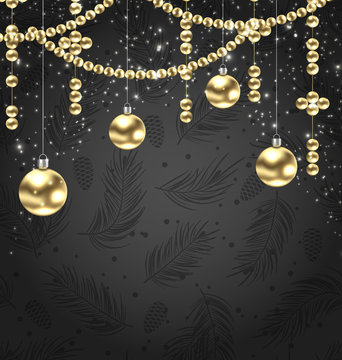 Christmas Golden Balls and Adornment on Black Background