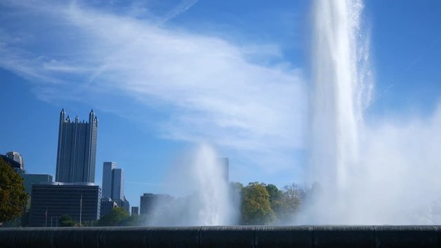 Beautiful Pittsburgh Point State Park fountain with skyline in background