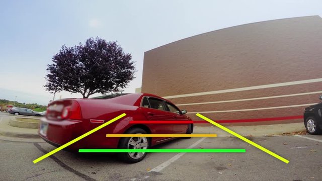 A car's backup camera in action. Simulated video feed with warning lines as objects get closer.	