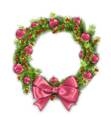 Fototapeta na wymiar Christmas Wreath with Pink Balls and Bow, New Year Decoration on White Background