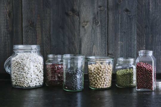 Food: Different Legumes, lentils in Jars