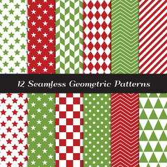 Christmas Red and Green Geometric Seamless Patterns. Backgrounds in Diamond, Chevron, Polka Dot, Checkerboard, Stars, Triangles, Herringbone and Stripes Patterns. Pattern Tile Swatches Included.