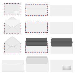 Set of different post envelopes. Symbol of postal message, post mail, email or business document. Vector