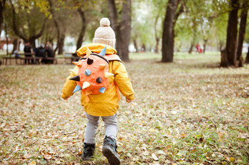 A little boy in a yellow jacket walks in the autumn forest.