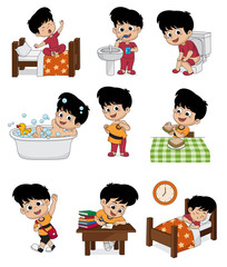 Set of daily cute boy.Boy wake up,brushing teeth,kid pee,taking a bath,dressed up,breakfast,kid learning,kid sleep.