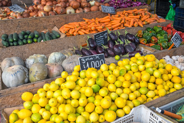 Lemons and vegetables for sale at a market in Valparaiso, Chile