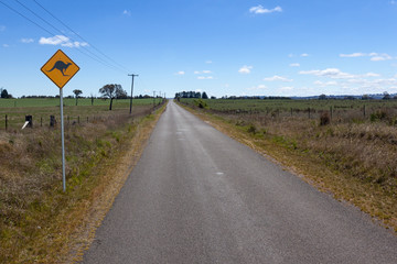 A remote road through outback Australia carries a warning sign to watch for kangaroos on the road.