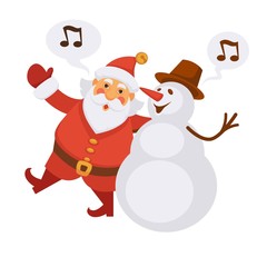 Santa and snowman singing Christmas song cartoon character vector icon