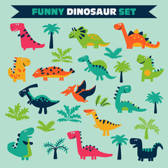 Adorable set with funny dinosaurs in cartoon