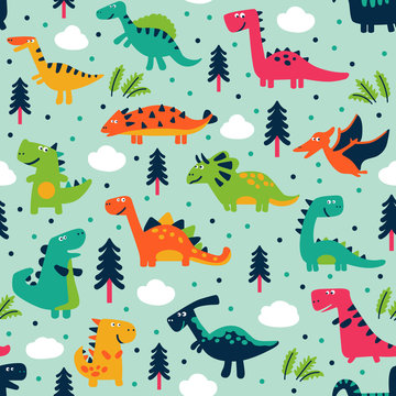 Adorable seamless pattern with funny dinosaurs in cartoon. Seamless pattern can be used for wallpapers, pattern fills, web page backgrounds,surface textures © cristinn