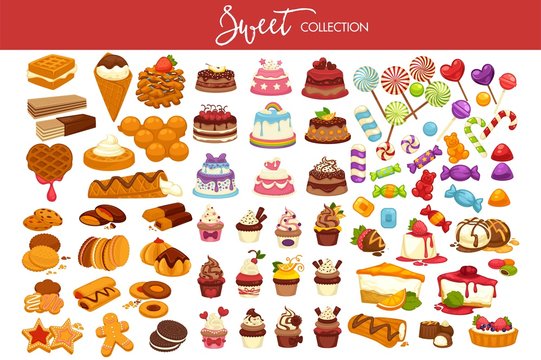 Sweet collection of tasty decorated desserts and candies