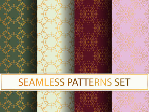 Set of seamless patterns in golden color on colorful backgrounds. Templates with luxury foil. Abstract, geometric, art deco pages for textile, wallpapers, tablecloth, curtain, packaging etc.