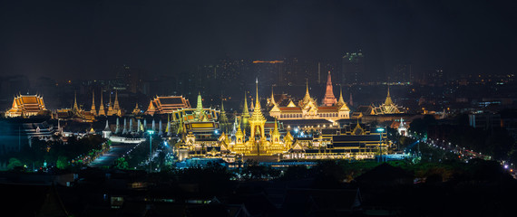 Panorama of Top view Scene of Construction site of the Royal funeral pyre for King Bhumibol Adulyadejaadej at night in Bangkok, Thailand
