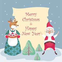 Christmas background with the image of cute woodland animals and Santa. 