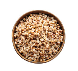 Bowl with cooked buckwheat on white background