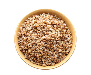 Bowl with cooked buckwheat on white background