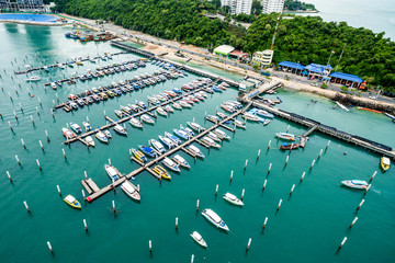 Fototapeta na wymiar Topview Marine station private speed boats seaport in Marine station complex , Pattaya City Chonburi province , landscape Thailand
