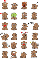 Cartoon style draw of Cute dog with different emotion. Set of brown dog emoticon.