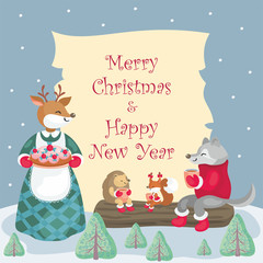 Christmas background with the image of cute woodland animals 