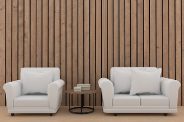 minimalist white sofa set design in wood room in 3D rendering