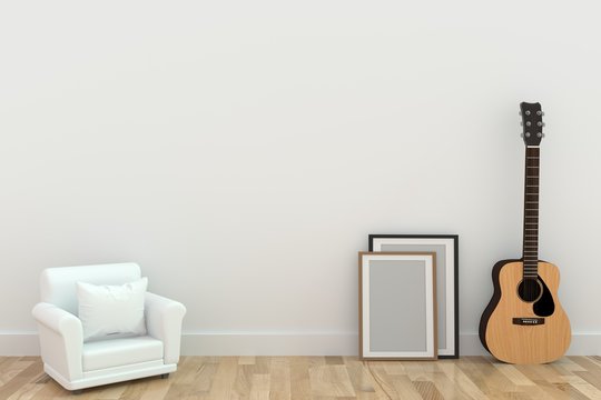 minimalist single sofa design with guitar in room in 3D rendering