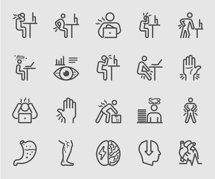 People working and Health effects, Office syndrome, Body pain line icon