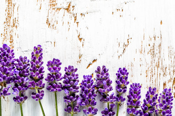 Naklejka premium Frame with lavender flowers on white wooden background, overhead