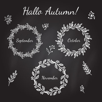 Hand drawn vintage autumn wreaths with branches and leaves