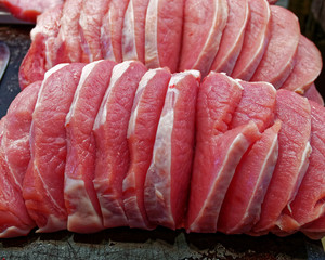 fresh raw meat fillets at the market