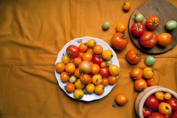 Fresh organic tomatoes of different colors on mustard yellow textile background. Harvest concept. Overhead view, natural lighting, copy space.