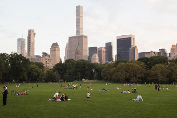 Many people rest on the grass lawn of Central park, skyscrapers peeks out of the trees on background
