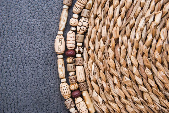 Tribal african beads from polymer clay fashion background. Handmade jewelry.