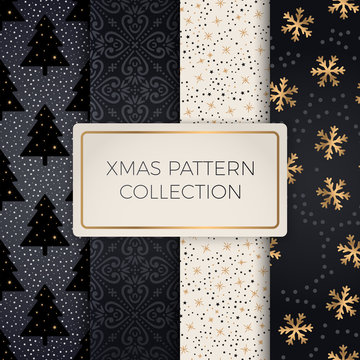 Set of simple seamless retro gold texture Christmas patterns