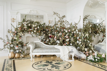 home decor in the style of fall. autumn morning. classic apartments with a white fireplace.
