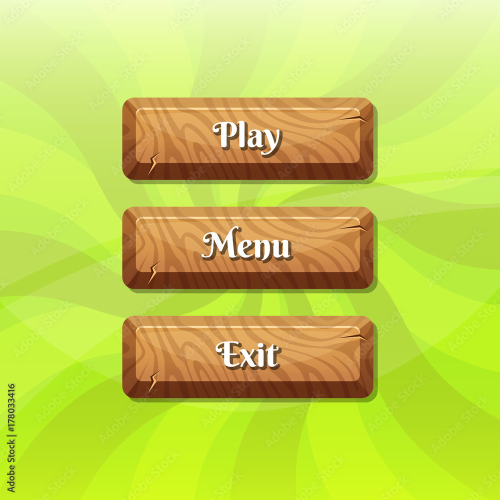 Poster vector cartoon style wooden buttons with text for game