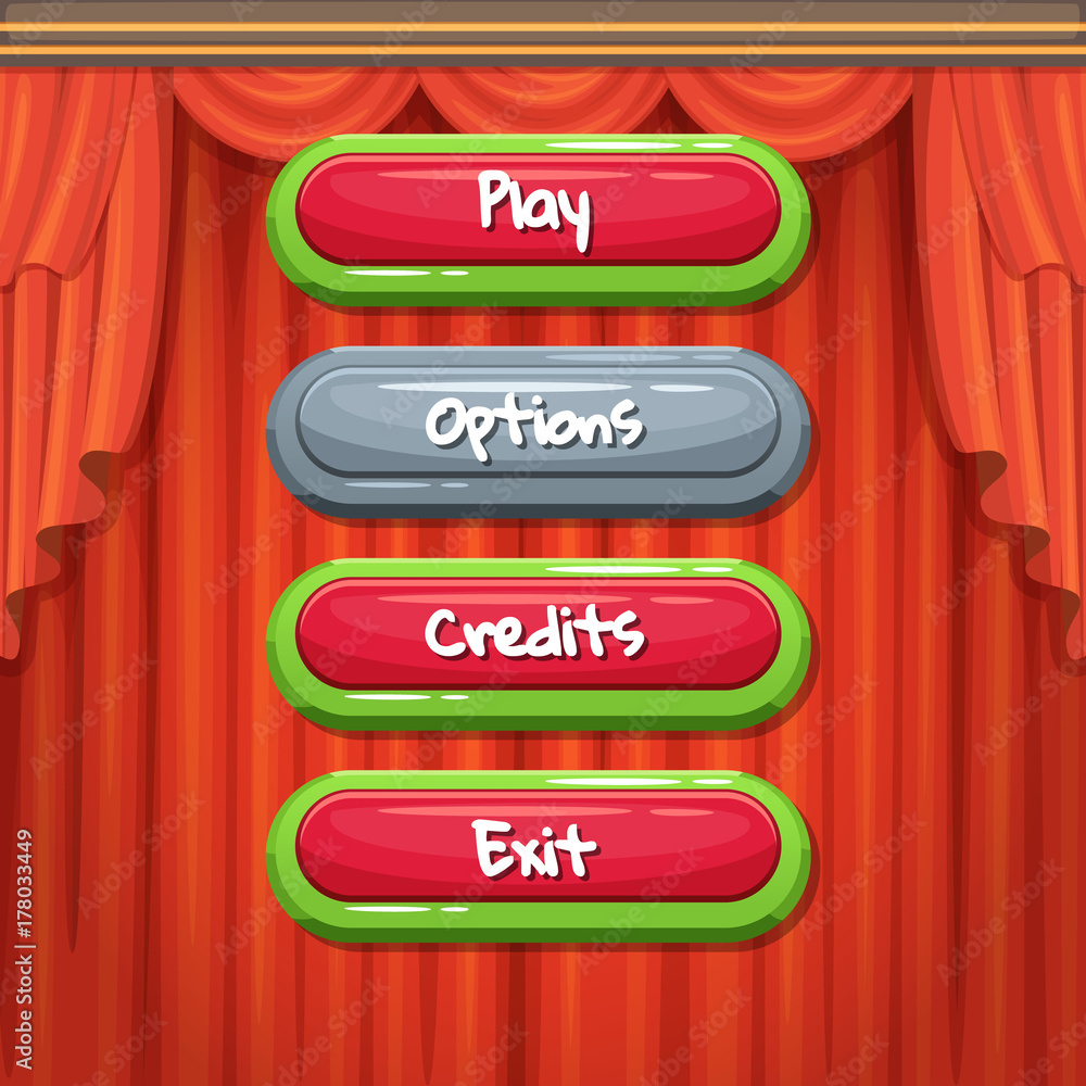 Poster vector cartoon style contoured enabled and disabled buttons with text for game