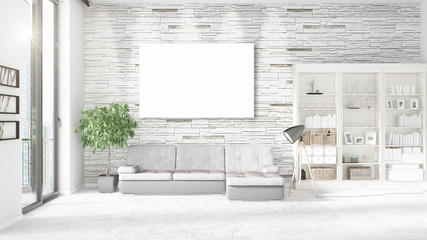 Fashionable modern loft interior with empty frame and copyspace in horizontal arrangement. 3D rendering.