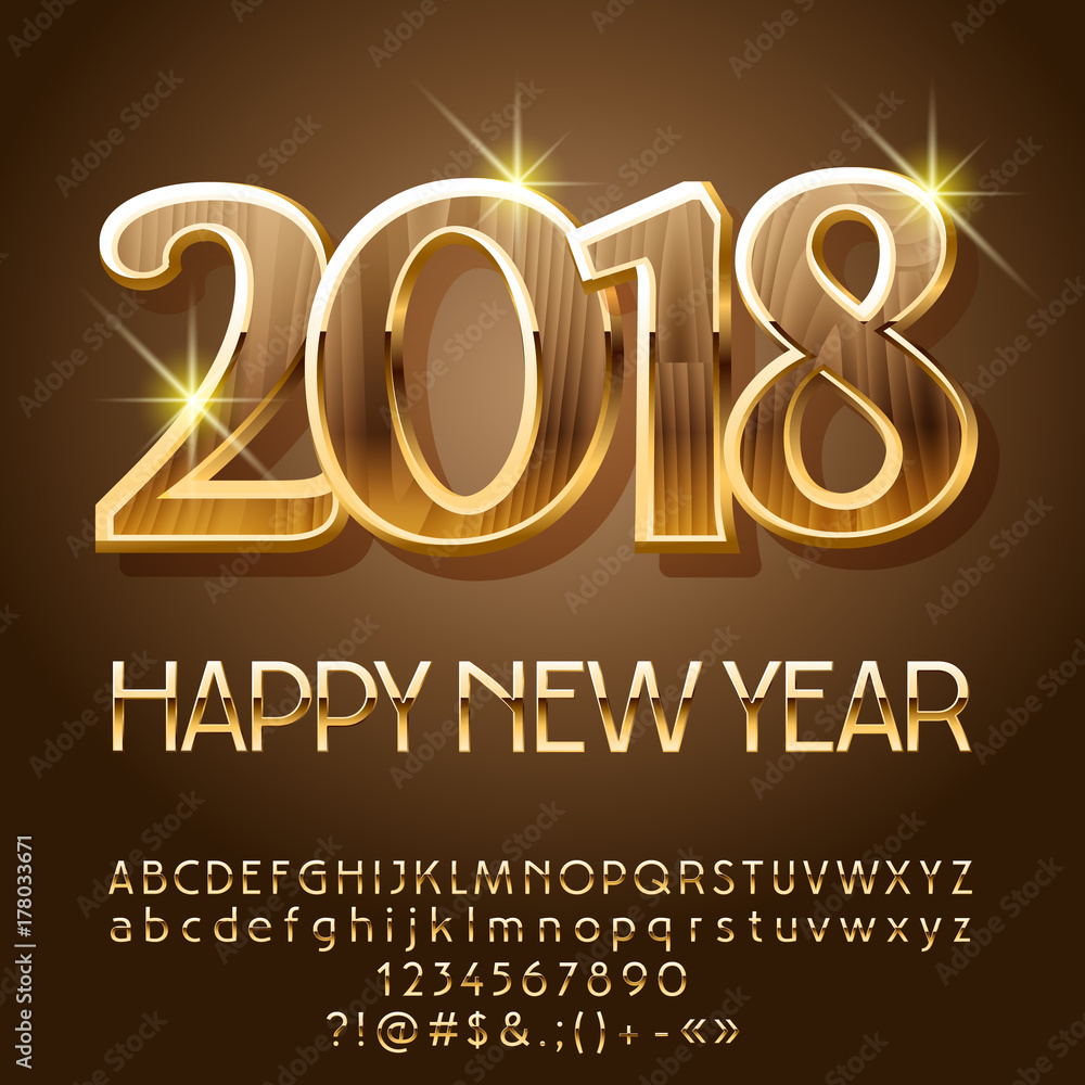 Fototapete vector wood happy new year 2018 greeting card with alphabet set of letters, symbols and numbers. cre